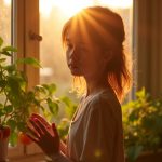 A thoughtful young person examines healthy green tomato plants by a sunny apartment window, highlighting indoor growing challenges.
