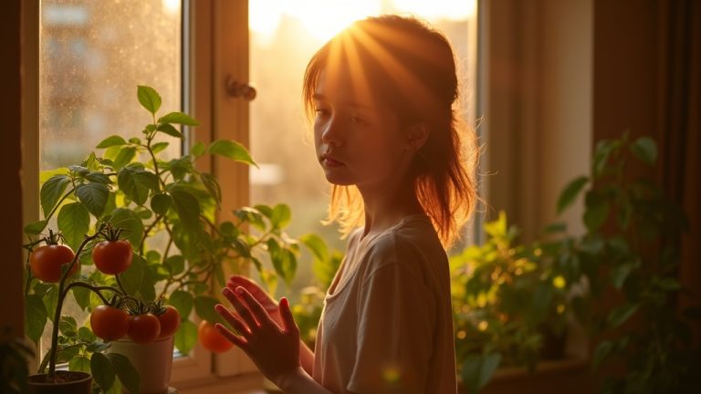A thoughtful young person examines healthy green tomato plants by a sunny apartment window, highlighting indoor growing challenges.