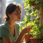 A person on a small city balcony carefully examining a drooping plant amid sunlight and shaded corners, conveying urgency and care in a compact urban setting.