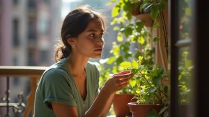 A person on a small city balcony carefully examining a drooping plant amid sunlight and shaded corners, conveying urgency and care in a compact urban setting.