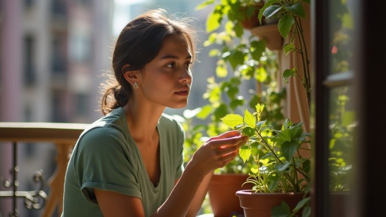 A person on a small city balcony carefully examining a drooping plant amid sunlight and shaded corners, conveying urgency and care in a compact urban setting.
