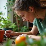 A person repurposing assorted materials as plant containers on a cozy apartment countertop, surrounded by lush, non-plastic pots and natural light.