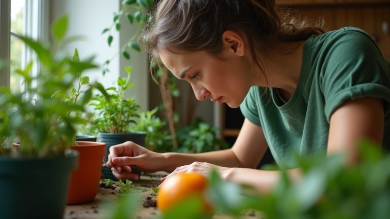 A person repurposing assorted materials as plant containers on a cozy apartment countertop, surrounded by lush, non-plastic pots and natural light.