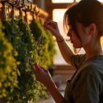 Young adult arranging small bundles of fresh herbs on a wire rack in a cozy, sunlit urban kitchen, highlighting limited space and natural textures.