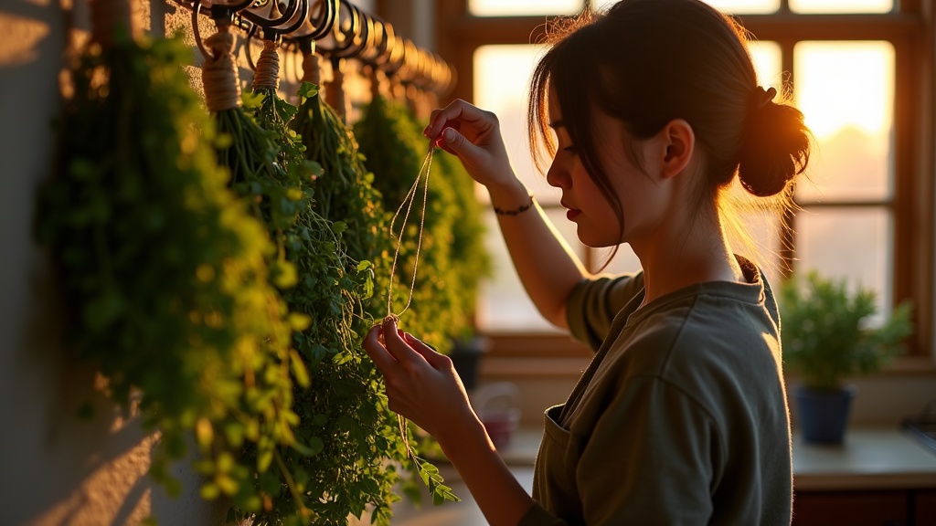 Young adult arranging small bundles of fresh herbs on a wire rack in a cozy, sunlit urban kitchen, highlighting limited space and natural textures.