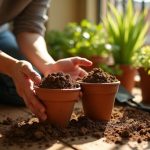 Hands thoughtfully comparing two soil samples on a sunlit urban balcony surrounded by vibrant potted indoor plants and gardening tools.