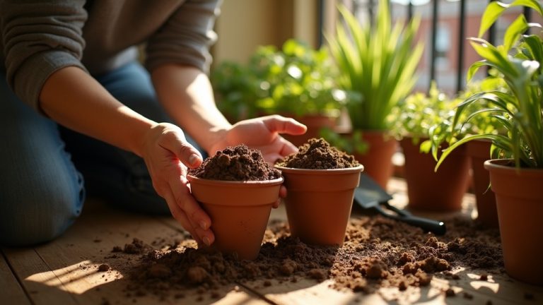 Hands thoughtfully comparing two soil samples on a sunlit urban balcony surrounded by vibrant potted indoor plants and gardening tools.