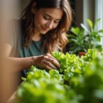 Young urban gardener harvesting lettuce from a thriving container garden in a sunlit kitchen, highlighting abundance in a small space.