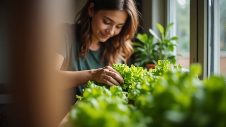 Young urban gardener harvesting lettuce from a thriving container garden in a sunlit kitchen, highlighting abundance in a small space.