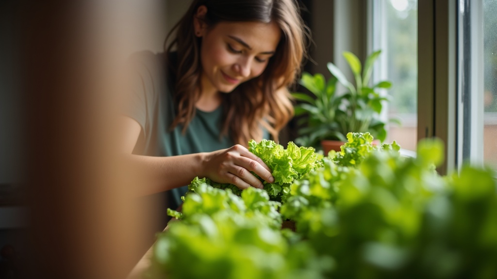 Young urban gardener harvesting lettuce from a thriving container garden in a sunlit kitchen, highlighting abundance in a small space.