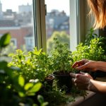 Hands tending a lush herb garden on an apartment windowsill, with sunlight highlighting vibrant green plants against a backdrop of city rooftops.
