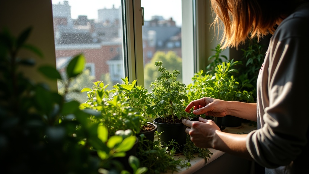 Hands tending a lush herb garden on an apartment windowsill, with sunlight highlighting vibrant green plants against a backdrop of city rooftops.