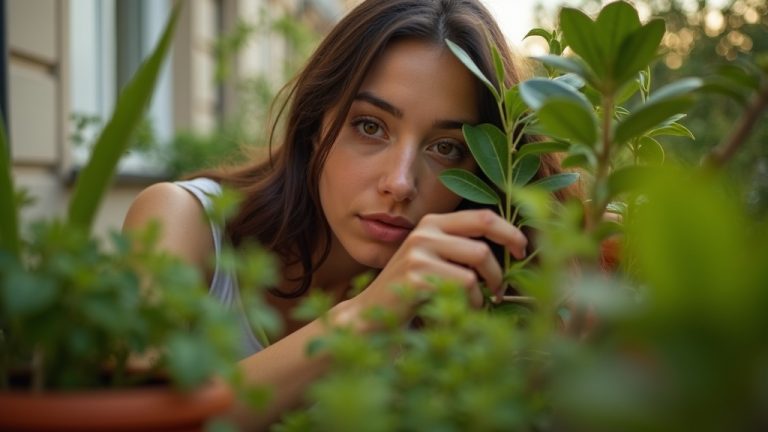 A young woman tending to lush green plants on a small sunlit balcony, surrounded by vibrant foliage and terracotta pots in a cozy urban setting.