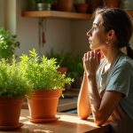 A home cook in a sunlit kitchen contemplates various terracotta pots with thriving herbs, surrounded by natural light and cozy surroundings.