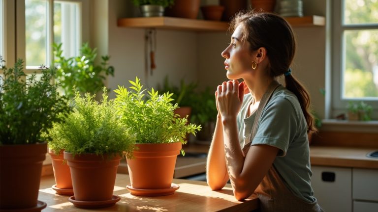 A home cook in a sunlit kitchen contemplates various terracotta pots with thriving herbs, surrounded by natural light and cozy surroundings.