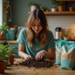 Young adult mixing potting soil at a crowded kitchen table in a small city apartment, showing close-up focus and warm ambient lighting.