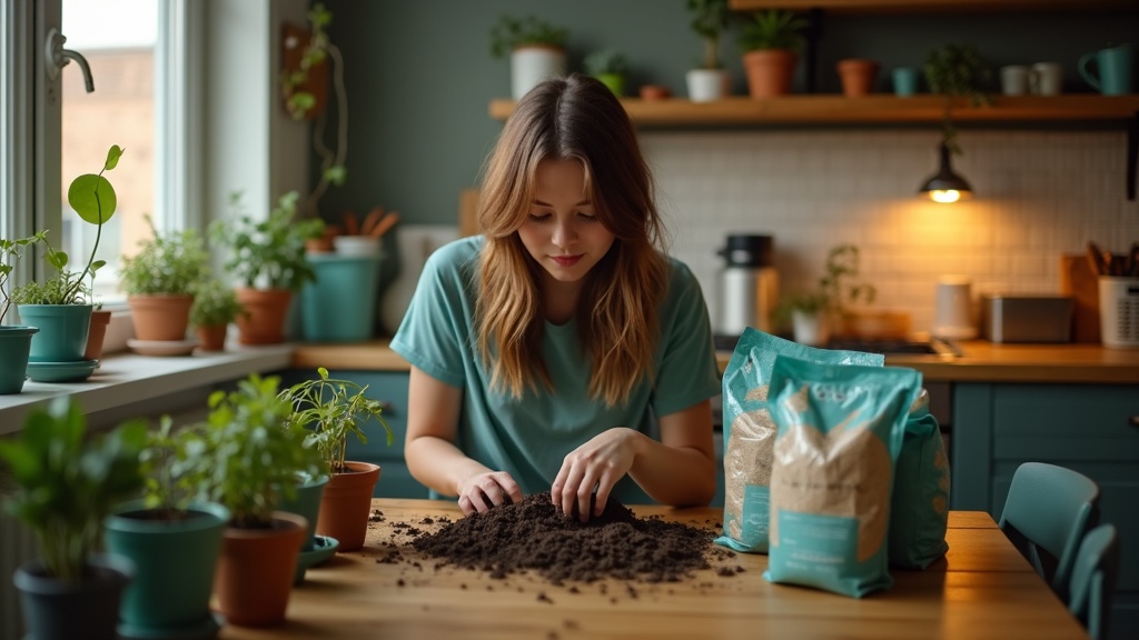 Young adult mixing potting soil at a crowded kitchen table in a small city apartment, showing close-up focus and warm ambient lighting.