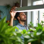 Person adjusting a modern grow light over thriving houseplants in a sunlit apartment, highlighting seamless integration of plant care and home decor.