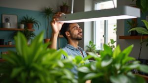 Person adjusting a modern grow light over thriving houseplants in a sunlit apartment, highlighting seamless integration of plant care and home decor.