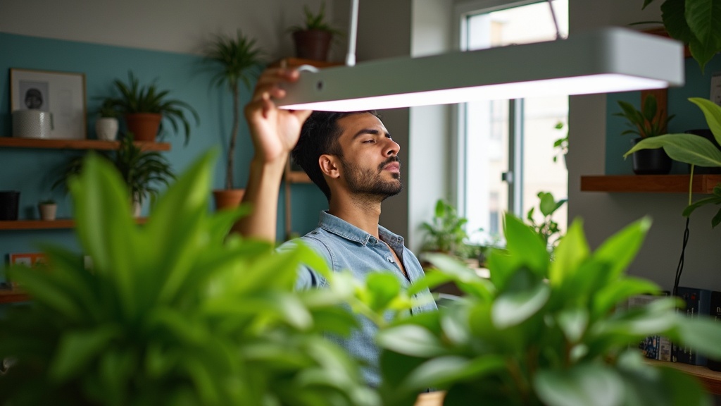 Person adjusting a modern grow light over thriving houseplants in a sunlit apartment, highlighting seamless integration of plant care and home decor.