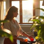Traveler packing a suitcase in a sunlit apartment, reaching for inventive plant-watering devices placed among healthy green indoor plants