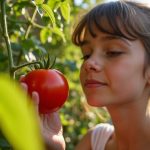 A young adult carefully inspects a vine-ripened tomato on an apartment balcony, surrounded by city buildings and late afternoon light highlighting the fruit and leaves.
