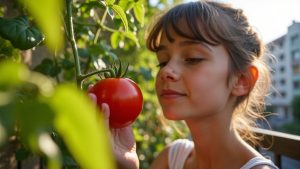 A young adult carefully inspects a vine-ripened tomato on an apartment balcony, surrounded by city buildings and late afternoon light highlighting the fruit and leaves.