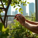 Hands adjusting a reflective panel among shade-loving plants on an urban balcony with sunlit greenery and a distant city skyline.