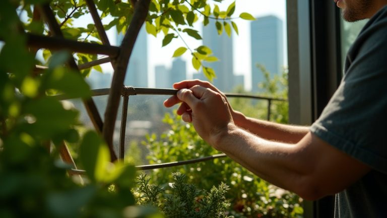 Hands adjusting a reflective panel among shade-loving plants on an urban balcony with sunlit greenery and a distant city skyline.