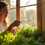 A young adult tending lush salad greens on a sunlit windowsill in a small apartment, gently misting the plants in the warm afternoon light.