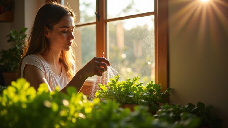 A young adult tending lush salad greens on a sunlit windowsill in a small apartment, gently misting the plants in the warm afternoon light.