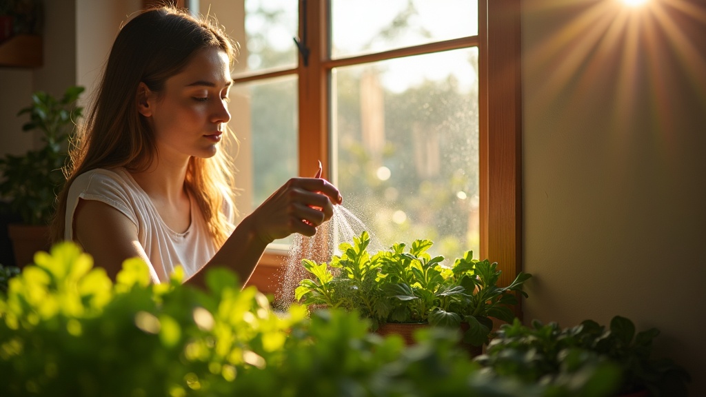 A young adult tending lush salad greens on a sunlit windowsill in a small apartment, gently misting the plants in the warm afternoon light.