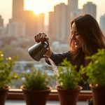 A focused urban dweller waters healthy potted herbs on a sunlit apartment windowsill with a blurred cityscape beyond.