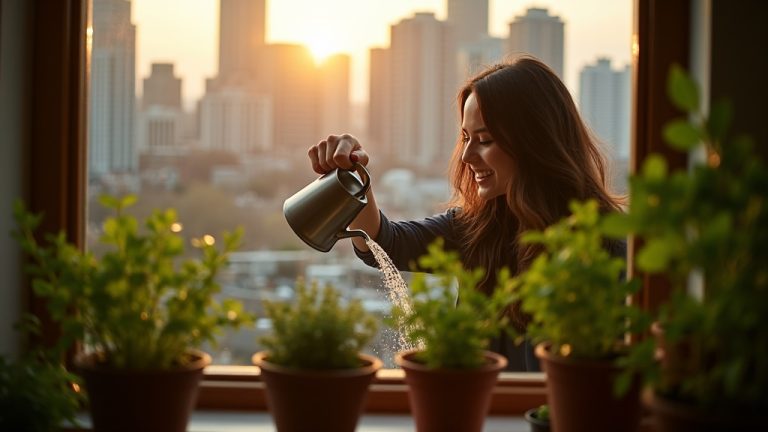 A focused urban dweller waters healthy potted herbs on a sunlit apartment windowsill with a blurred cityscape beyond.