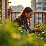 Person tending to a thriving vegetable garden on a city balcony surrounded by urban buildings in warm afternoon light