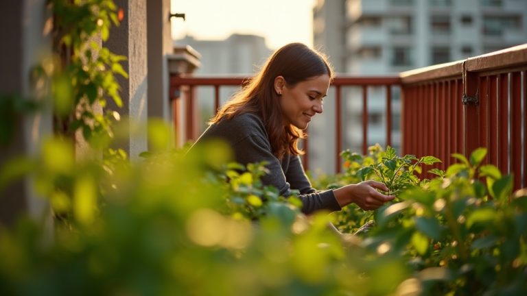 Person tending to a thriving vegetable garden on a city balcony surrounded by urban buildings in warm afternoon light