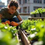 Person tending to lush salad greens growing in shallow containers on a small urban balcony, illustrating indoor gardening in limited space.