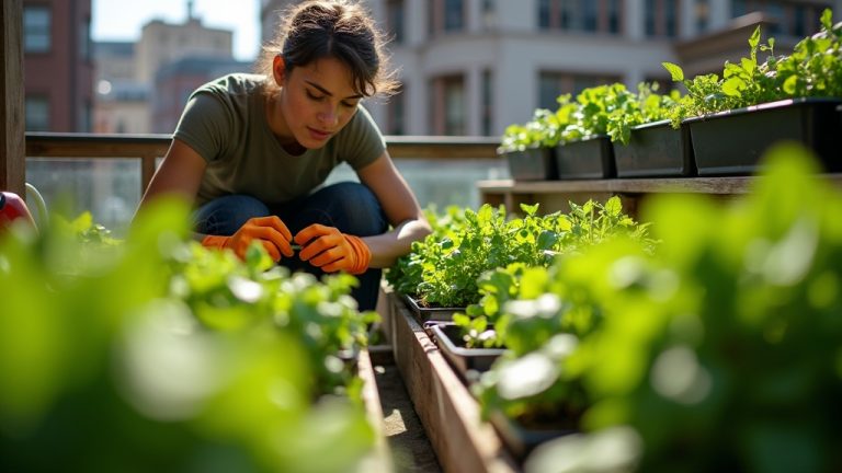 Person tending to lush salad greens growing in shallow containers on a small urban balcony, illustrating indoor gardening in limited space.