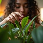 A young adult tending to a leafy houseplant in a sunlit apartment, surrounded by vibrant indoor greenery and warm morning light.