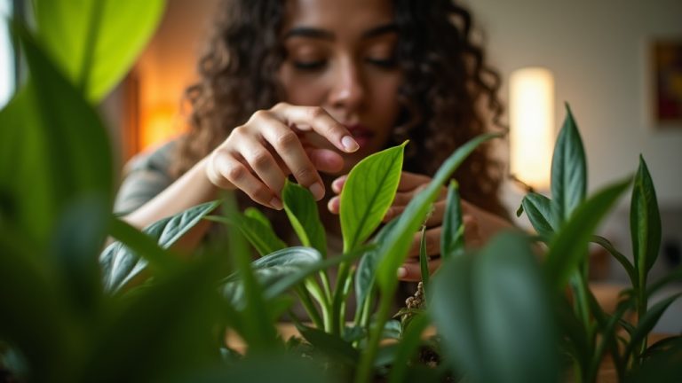 A young adult tending to a leafy houseplant in a sunlit apartment, surrounded by vibrant indoor greenery and warm morning light.