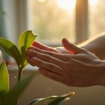 Hands carefully wiping dust from a houseplant leaf by a sunlit window in a cozy city apartment.
