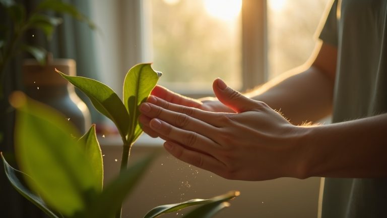 Hands carefully wiping dust from a houseplant leaf by a sunlit window in a cozy city apartment.