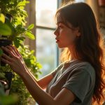 A young person tends to a lush vertical garden on an apartment wall, surrounded by sunlight and vibrant plants in a cozy living room.