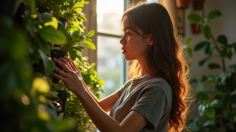 A young person tends to a lush vertical garden on an apartment wall, surrounded by sunlight and vibrant plants in a cozy living room.