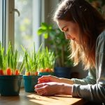 Person arranging green onion ends in teal pots on an apartment windowsill, sunlight highlighting vibrant regrown plants in a cozy kitchen nook.