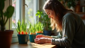 Person arranging green onion ends in teal pots on an apartment windowsill, sunlight highlighting vibrant regrown plants in a cozy kitchen nook.