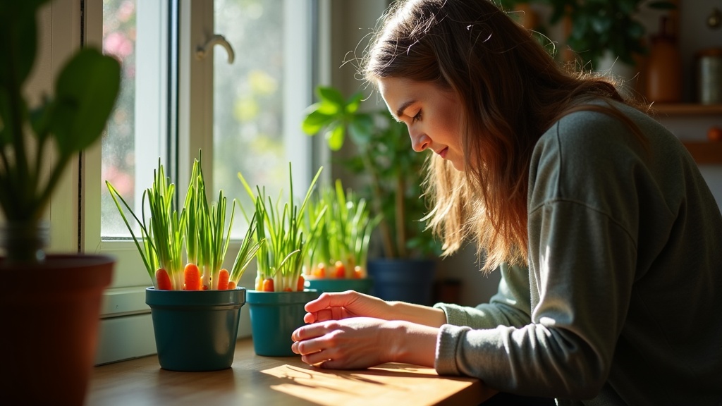 Person arranging green onion ends in teal pots on an apartment windowsill, sunlight highlighting vibrant regrown plants in a cozy kitchen nook.